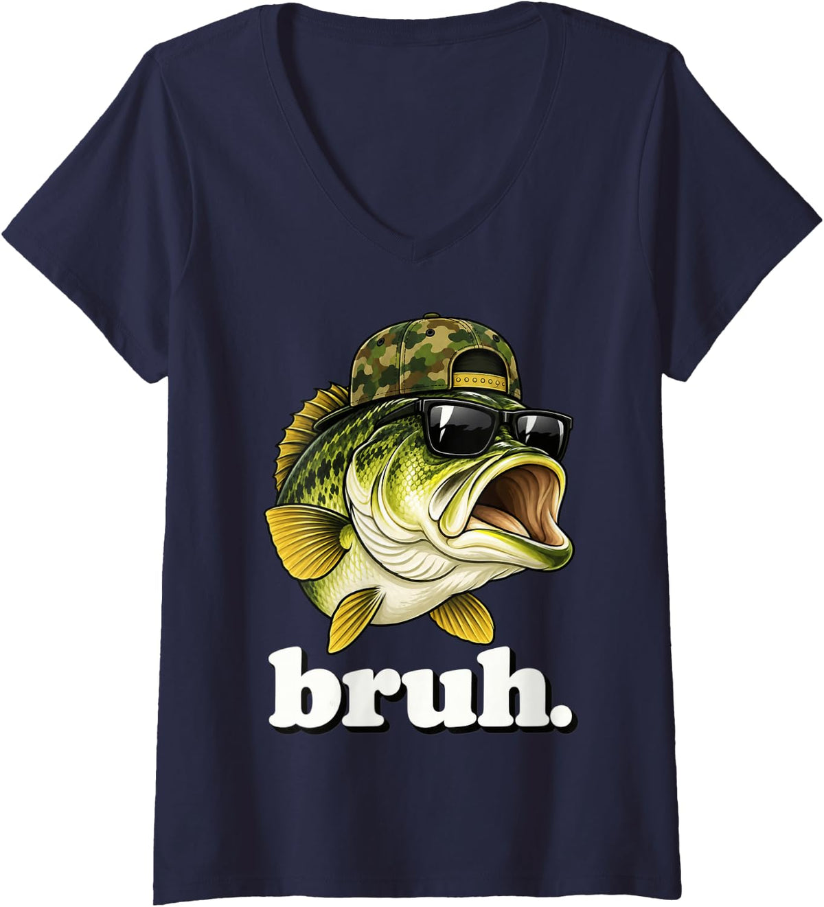 Women's Bruh Fishing Camo Bass Fish Funny Boys Kids Camouflage Humor V-Neck T-Shirt - Navy Blue