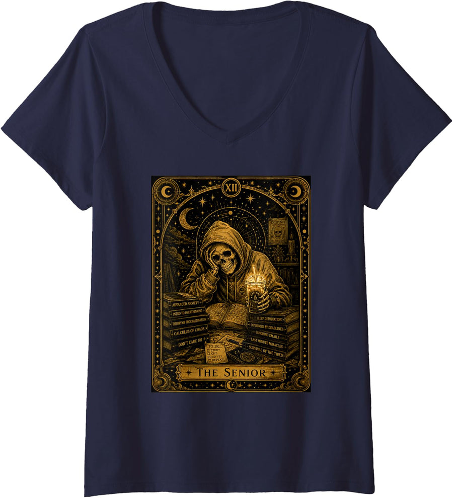 Women's The Senior Funny Tarot Card Gothic Skeleton Coffee School V-Neck T-Shirt - Navy Blue