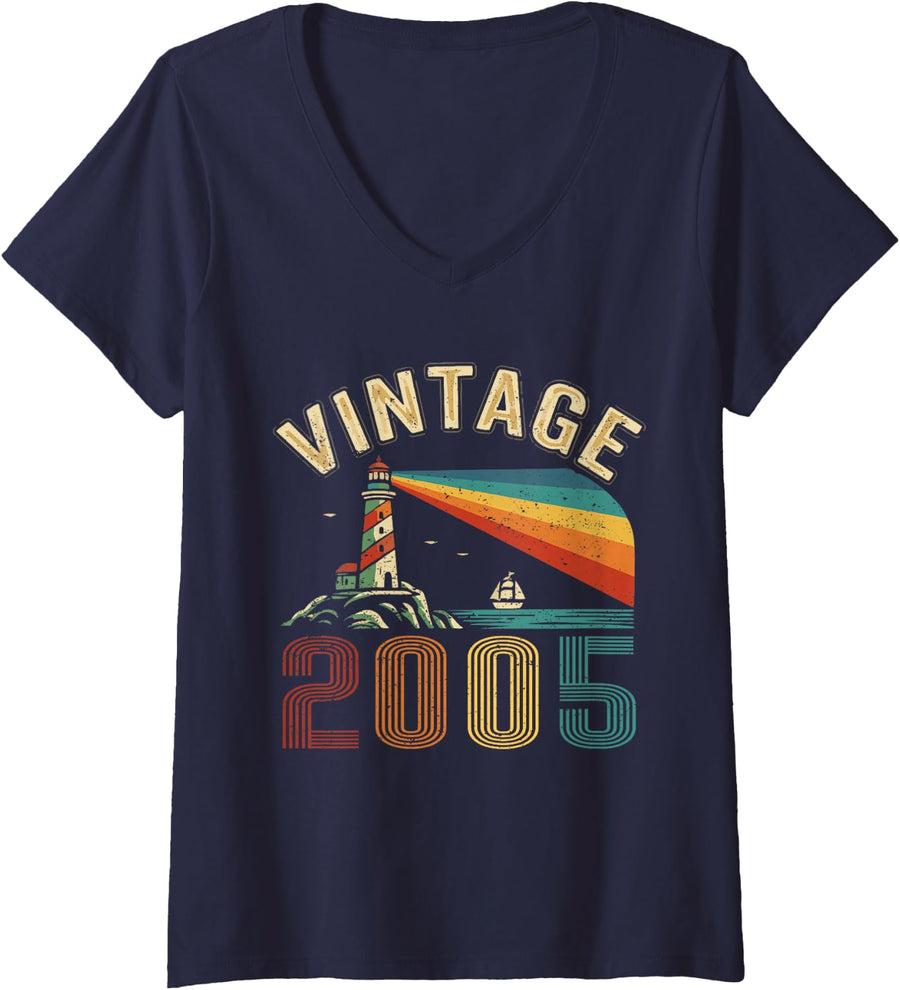 Women's Vintage 2005 Retro Year Classic 2005 Funny Birth of Birthday V-Neck T-Shirt - Navy Blue