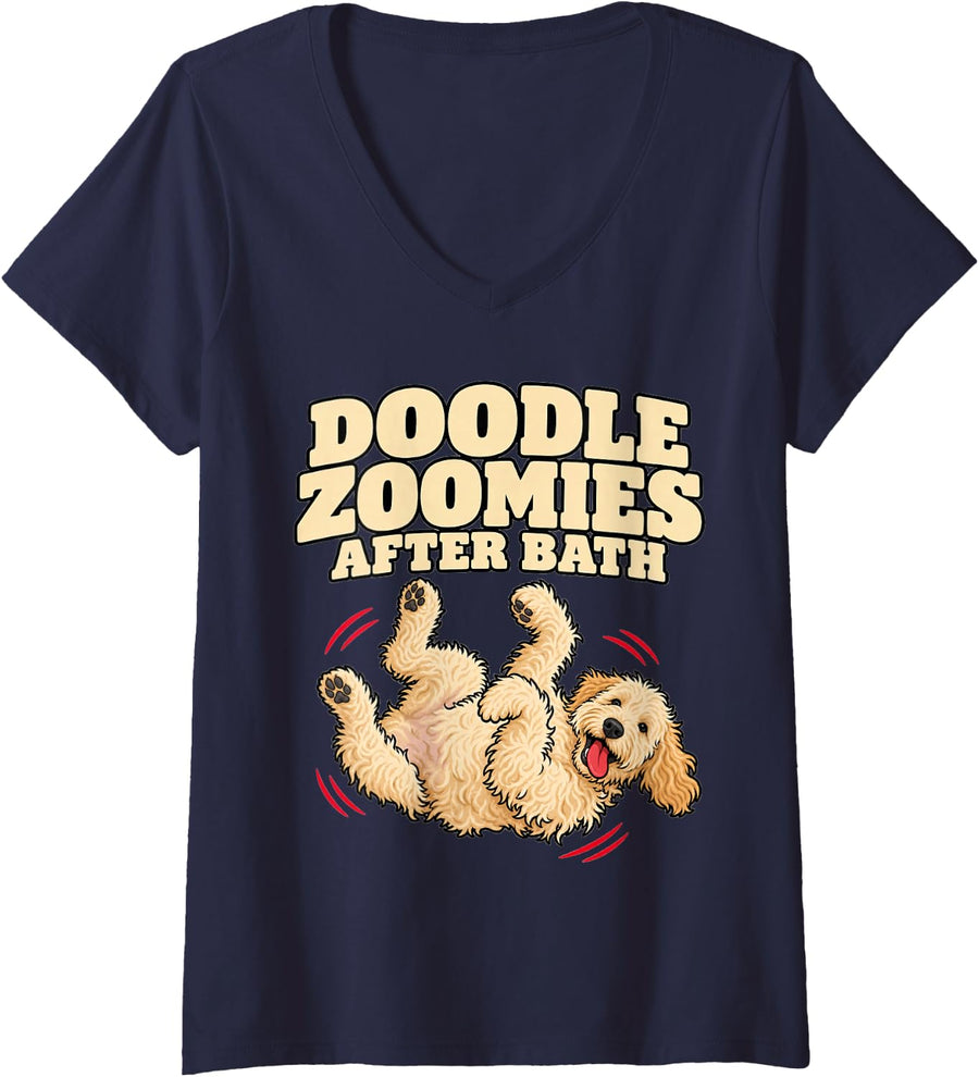 Women's Goldendoodle Doodle Zoomies After Bath Pet Owner Funny Puppy V-Neck T-Shirt - Navy Blue