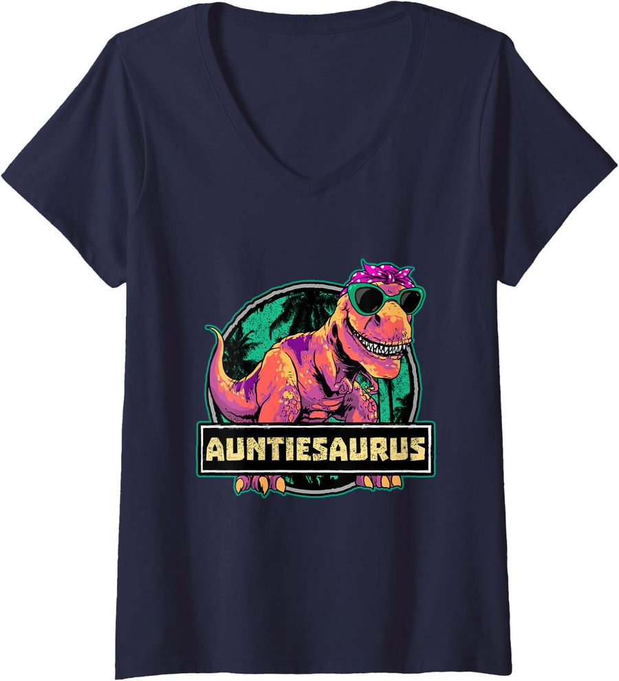 Women's Aunt Dino Auntiesaurus Dinosaur Birthday Auntie V-Neck T-Shirt - Navy Blue