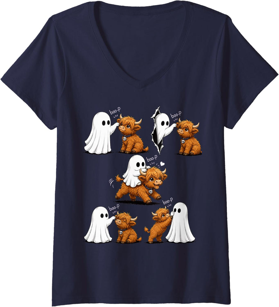 Women's Cool Highland Cow Boo P Ghost Nose Boop Halloween Costume V-Neck T-Shirt - Navy Blue
