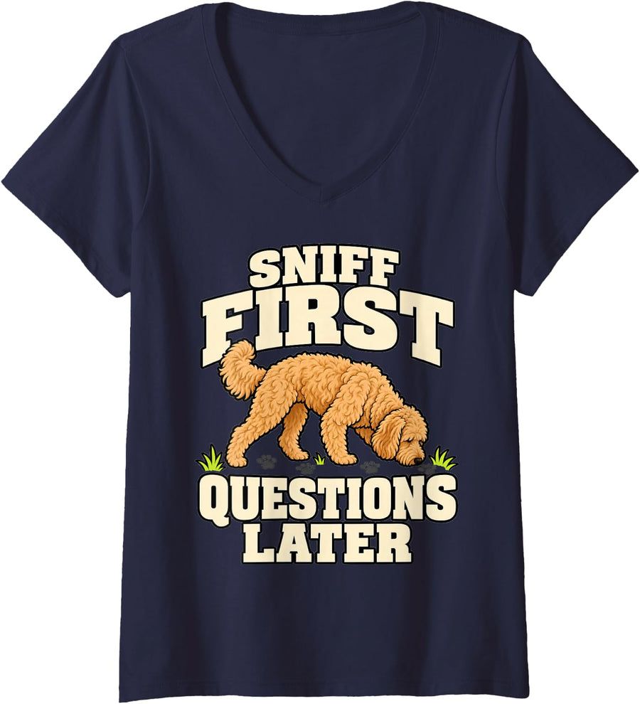 Women's Goldendoodle Sniff First Questions Later Dog Dad Fans V-Neck T-Shirt - Navy Blue