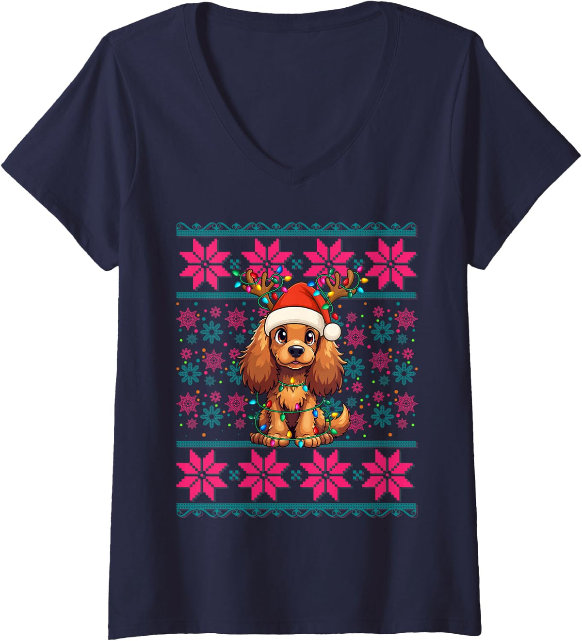 Women's Reindeer Santa Hat Ugly Christmas Cocker Spaniel Dog Girls V-Neck T-Shirt - Navy Blue