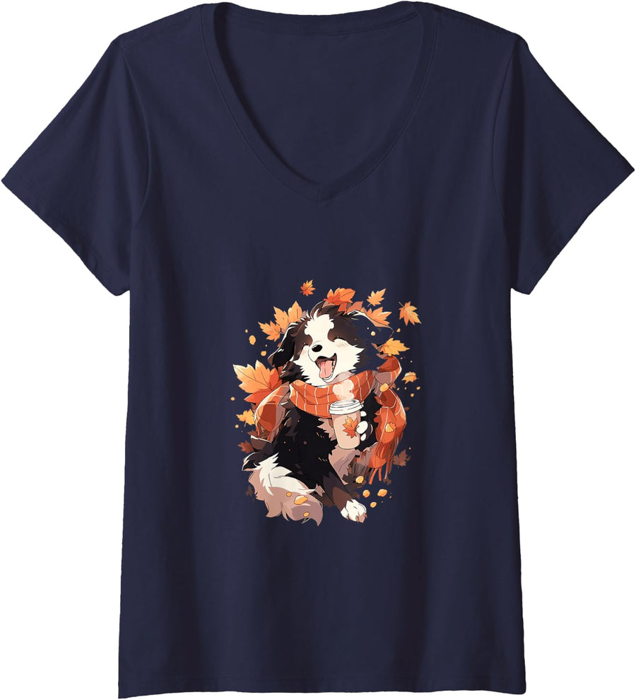 Women's Border Collie Fall Autumn Leaves Pumpkin Spice Latte Kawaii V-Neck T-Shirt - Navy Blue
