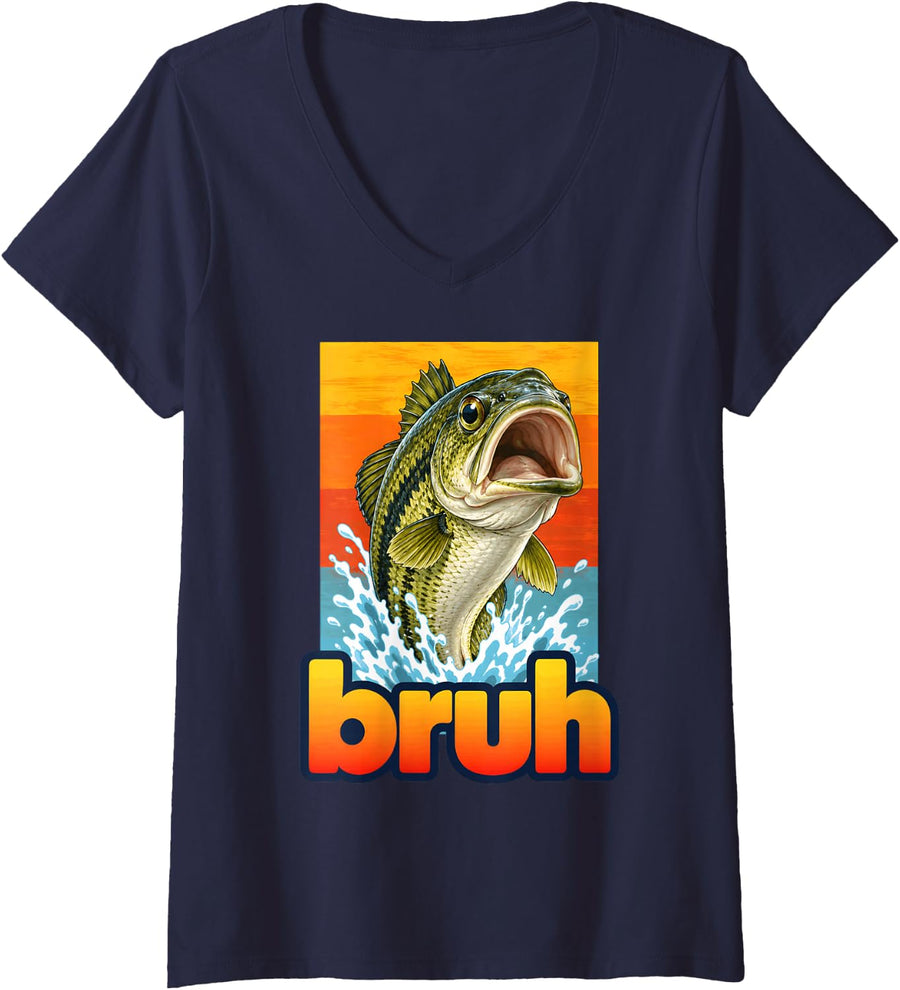 Women's Bruh Largemouth Bass Fish Jumping Deadpan Funny Fishing Meme V-Neck T-Shirt - Navy Blue