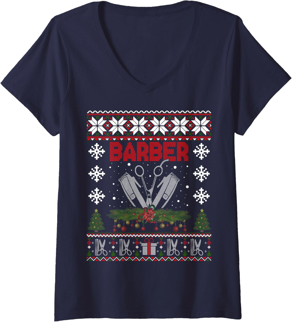 Women's Hair Trimmer Ugly Christmas Sweater Hairdresser Barber V-Neck T-Shirt - Navy Blue