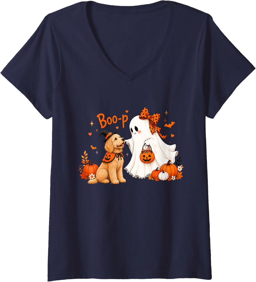 Women's Goldendoodle Boo Boo-p Ghost Nose Boop Halloween Dog Lover V-Neck T-Shirt - Navy Blue
