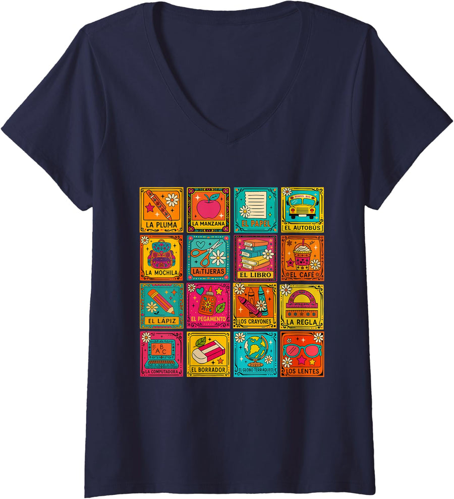 Womens La Maestra | Spanish-Mexican Bingo Card Teacher Gifts V-Neck T-Shirt - Navy Blue