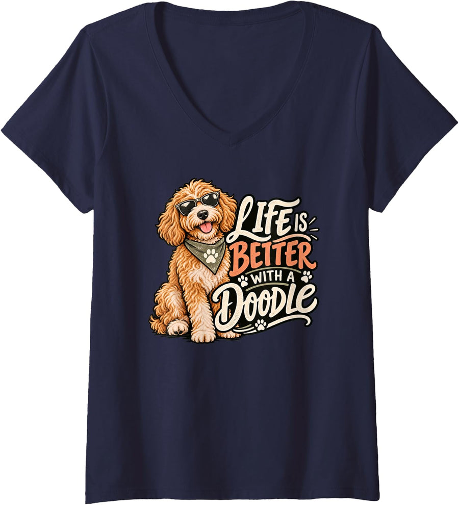 Women's Life is Better with A Doodle Goldendoodle Dog Lover V-Neck T-Shirt - Navy Blue