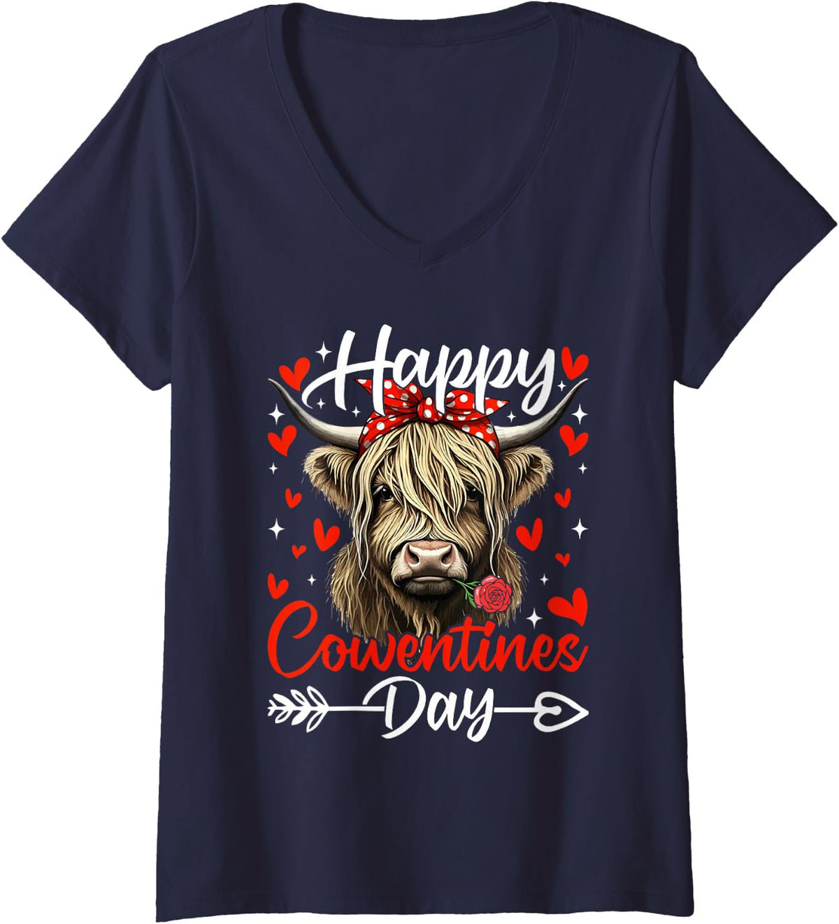 Women's Happy Cowntines Day Highland Cow Valentine’s Day Cow Lovers V-Neck T-Shirt - Navy Blue