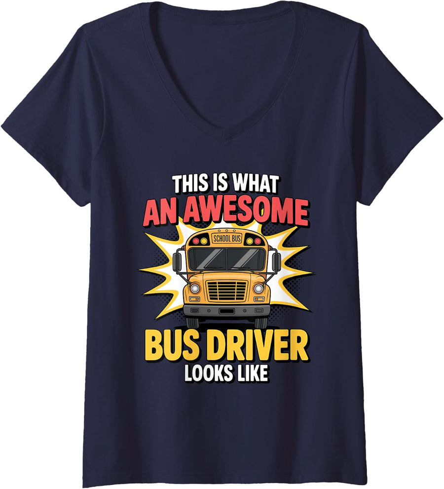 Women's Cute Bus Driver Design for Men Women Kids School Bus Drivers V-Neck T-Shirt - Navy Blue
