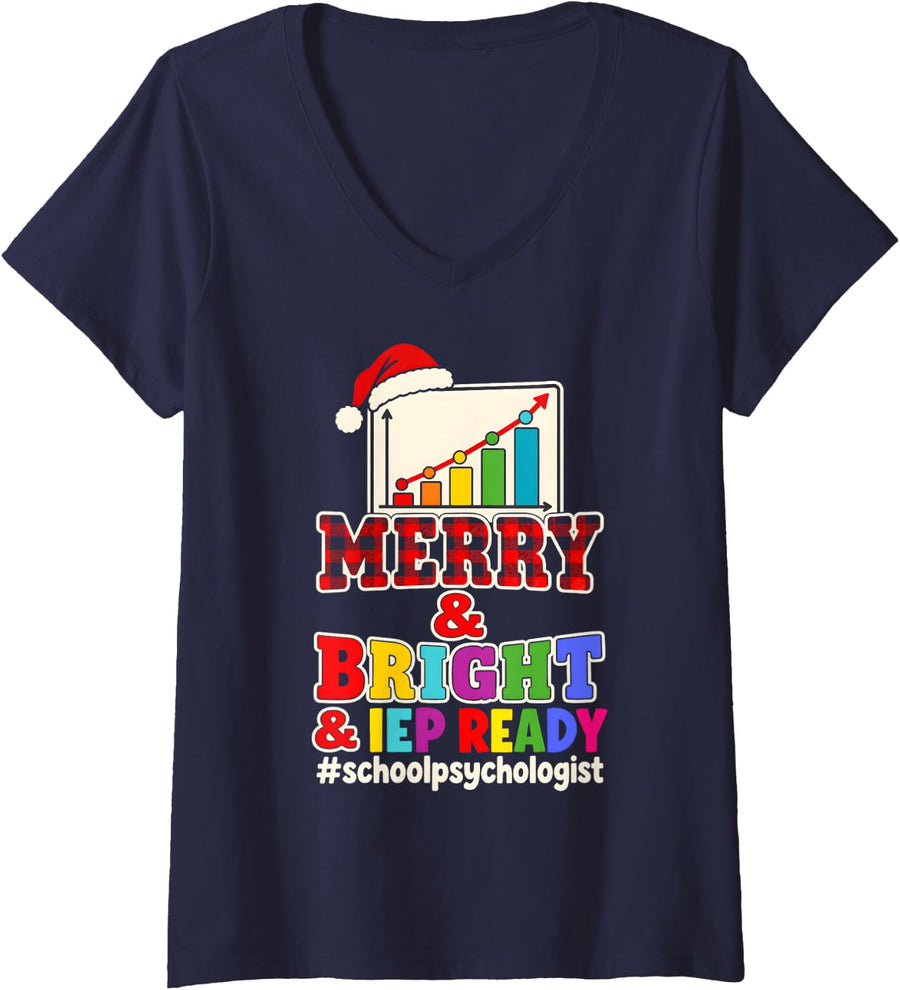 Women's Merry IEP Ready School Psychologist Christmas V-Neck T-Shirt - Navy Blue