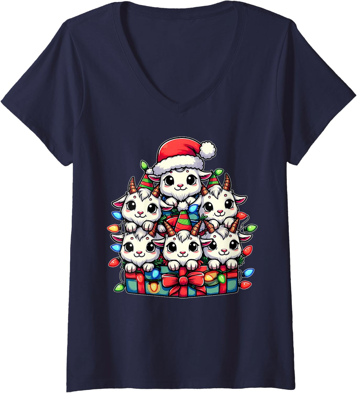 Women's Cute Goat Pile Farm Farmer Christmas Hat Xmas V-Neck T-Shirt - Navy Blue