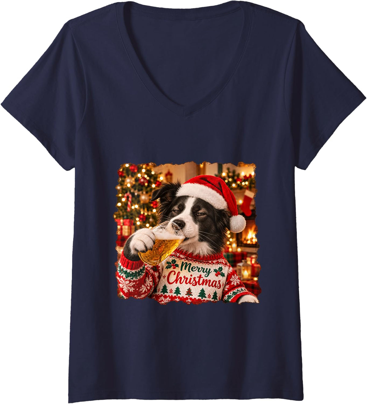 Women's Merry Christmas Border Collie Lovers Funny Holiday Party V-Neck T-Shirt - Navy Blue
