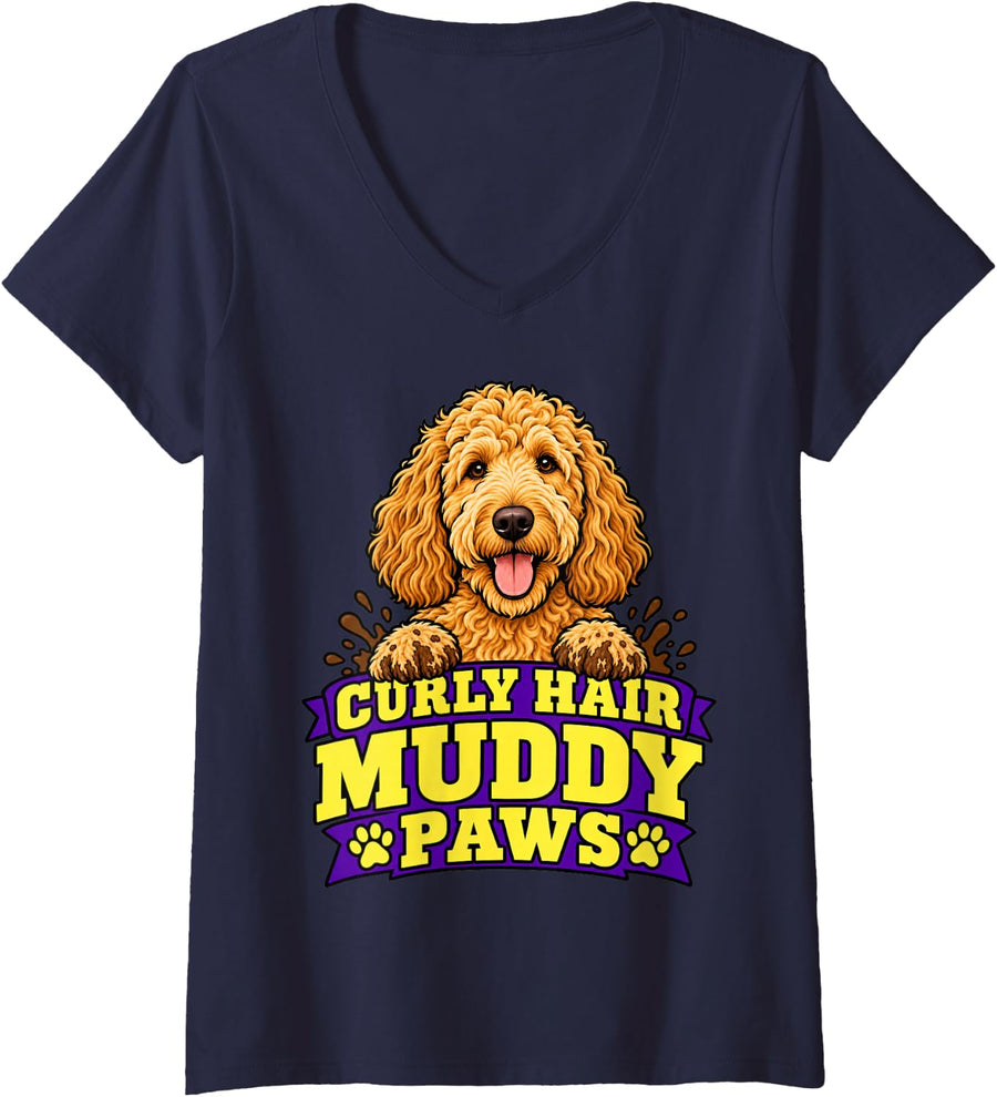 Women's Goldendoodle Curly Hair Muddy Paws Pet Owner Funny Pup V-Neck T-Shirt - Navy Blue