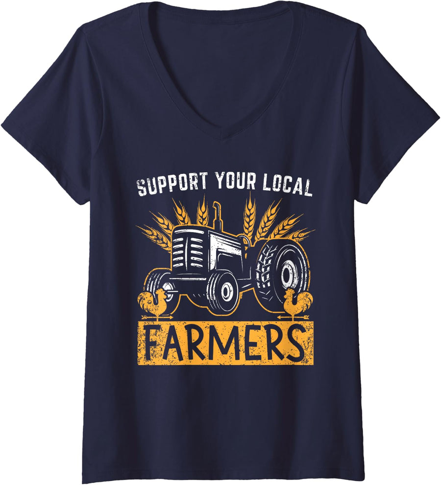 Women's Support Your Local Farmers Vintage Tractor Design V-Neck T-Shirt - Navy Blue