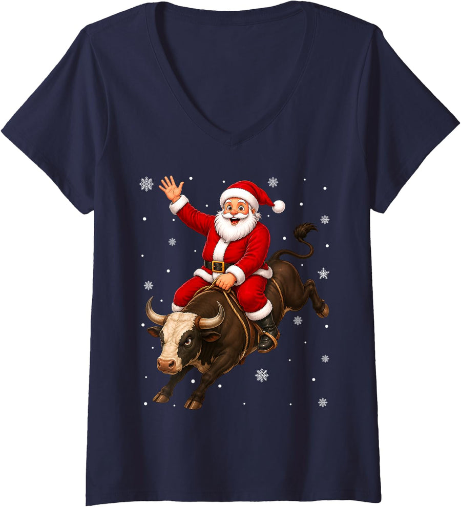 Women's Funny Santa Riding Bull Christmas V-Neck T-Shirt - Navy Blue