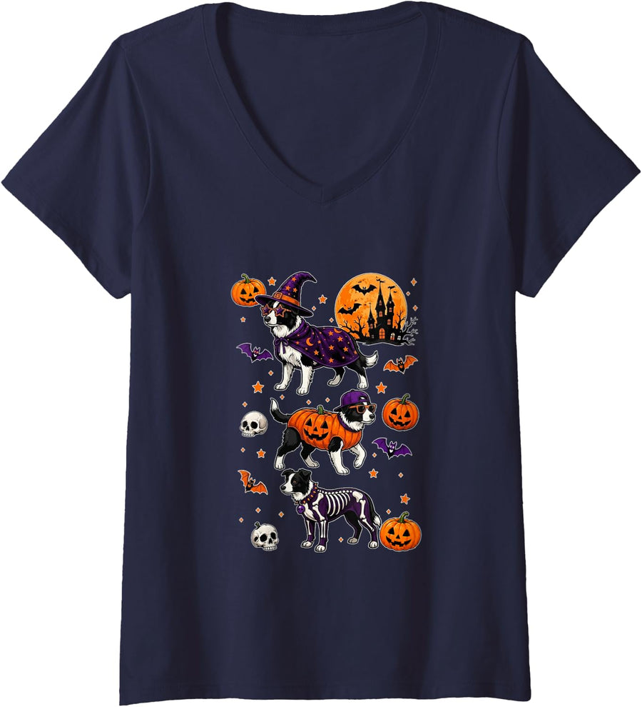 Women's Three Cute Border Collies Cosplay Witch Skeleton Halloween V-Neck T-Shirt - Navy Blue