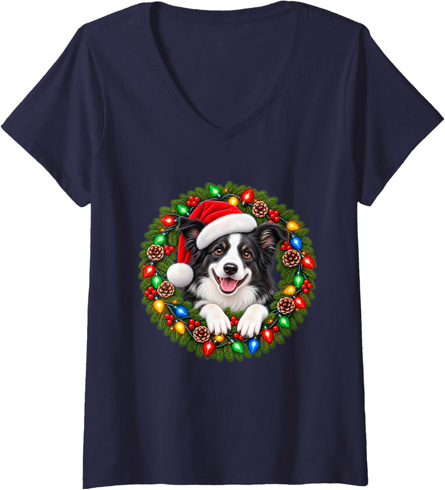Women's Border Collie Christmas Wreath with Santa Hat Portrait V-Neck T-Shirt - Navy Blue
