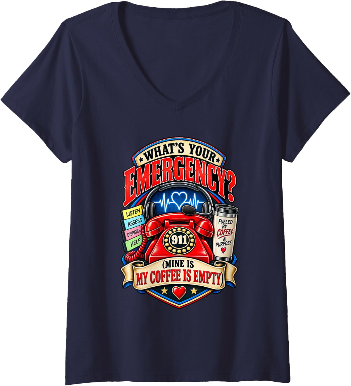 Women's Funny 911 Dispatcher Coffee Humor Operator V-Neck T-Shirt - Navy Blue