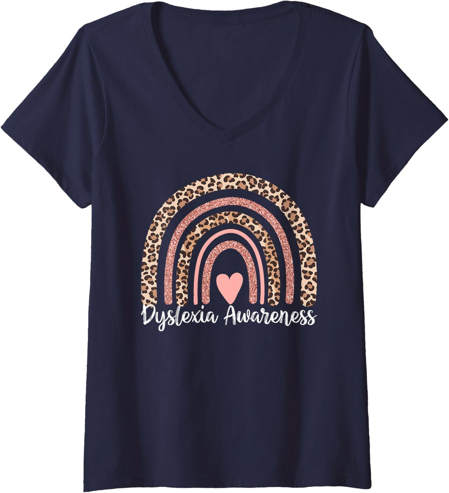 Women's Leopard Rainbow Dyslexia Awareness V-Neck T-Shirt - Navy Blue