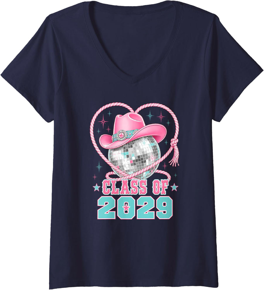Women's Class of 2029 Cowgirl Hat Disco Ball Western 9th Grade V-Neck T-Shirt - Navy Blue