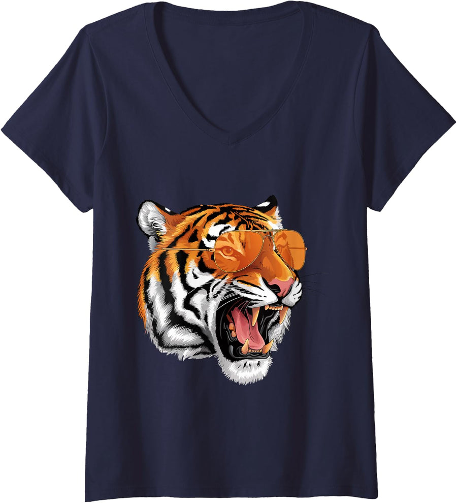 Women's Roaring Bengal Tiger Wearing Aviator Sunglasses V-Neck T-Shirt - Navy Blue