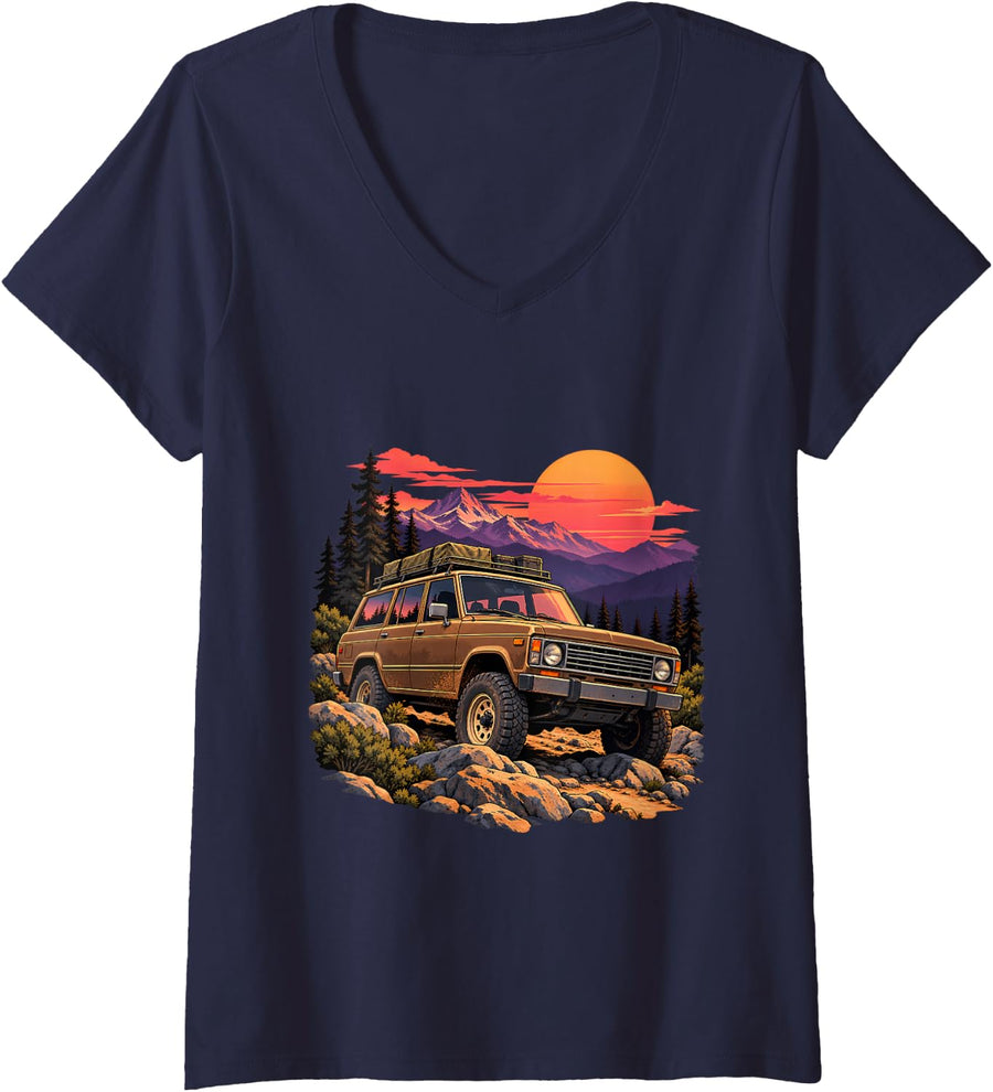 Women's Retro Sunset Overlanding 4x4 Off Road Mountain Expedition V-Neck T-Shirt - Navy Blue