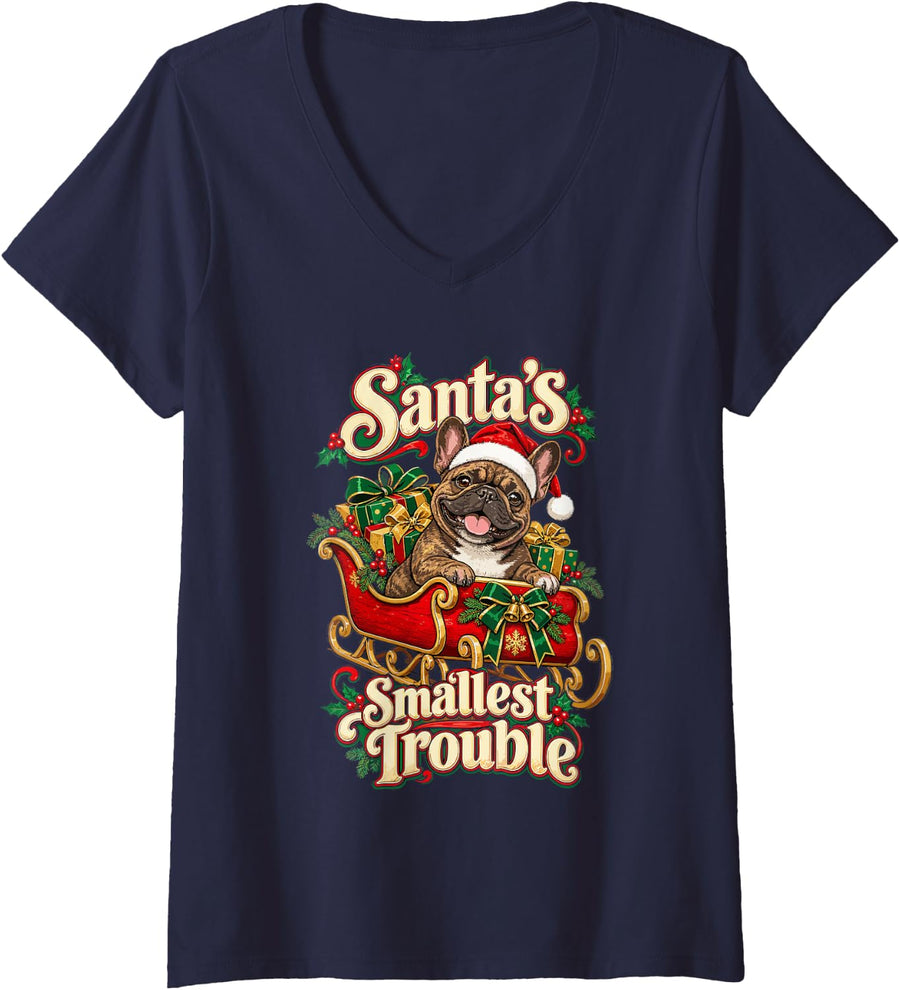 Women's French Bulldog Christmas V-Neck T-Shirt - Navy Blue