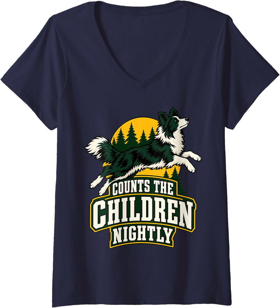 Women's Border Collie Counts The Children Nightly Funny Owner V-Neck T-Shirt - Navy Blue