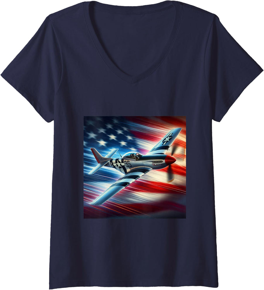 Women's North American P-51 Mustang American Flag WW2 Airplane V-Neck T-Shirt - Navy Blue
