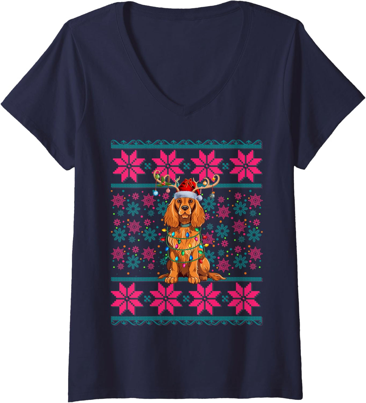 Women's Reindeer Santa Ugly Christmas Lights Cocker Spaniel Dog Xmas V-Neck T-Shirt - Navy Blue