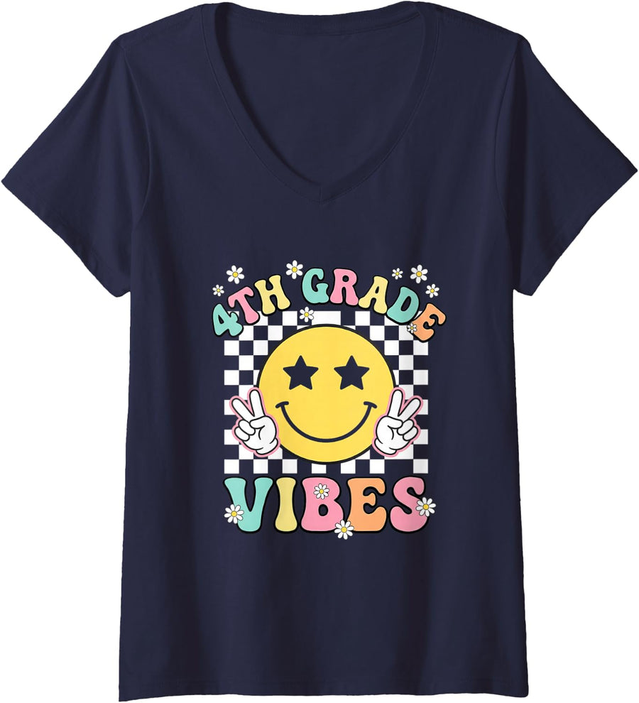 Women's 4TH Grade Vibes Back to School Retro Daisy Girls V-Neck T-Shirt - Navy Blue