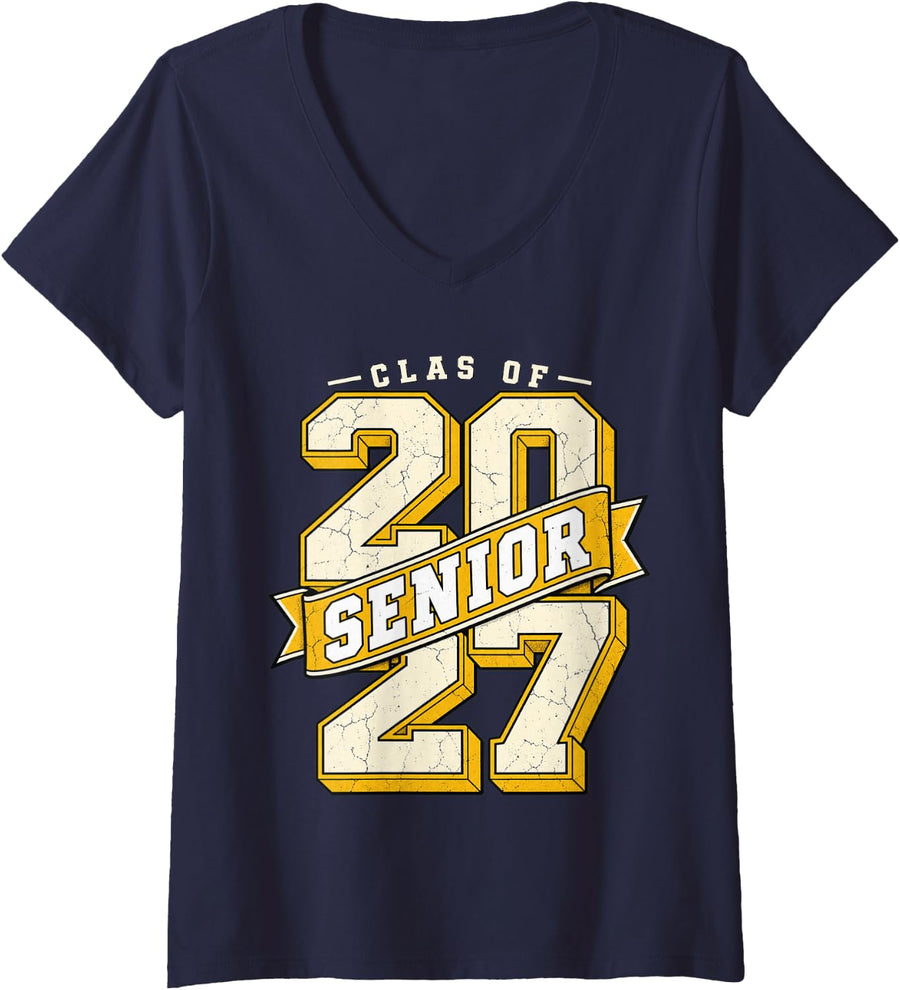 Women's Class of 2027 Vintage High School Graduation Senior 2027 V-Neck T-Shirt - Navy Blue