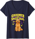 Women's Goldendoodle Groomer On Speed Dial Doodle Dad Funny Curly V-Neck T-Shirt - Navy Blue