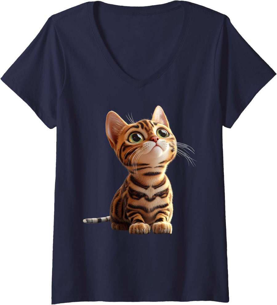 Women's Bengal Cat Leopard Cats Leopardette Cute Wild Bengal Cats V-Neck T-Shirt - Navy Blue