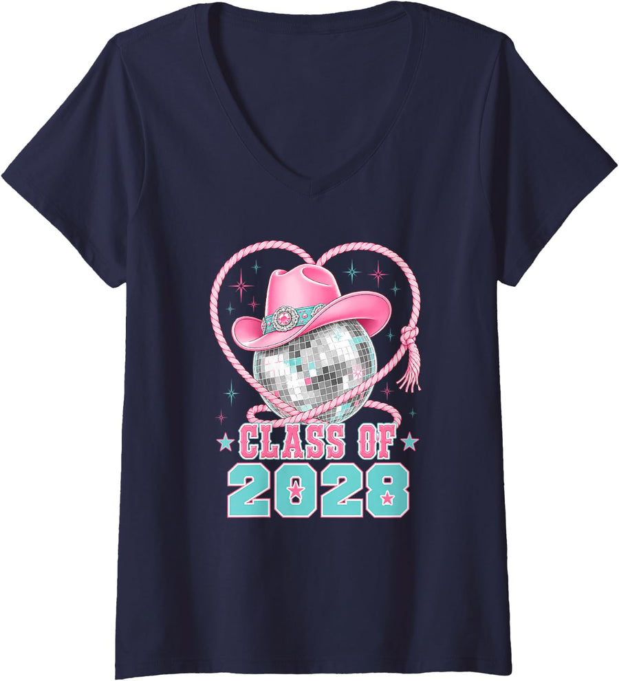 Women's Class of 2028 Cowgirl Hat Disco Ball Western School Junior V-Neck T-Shirt - Navy Blue