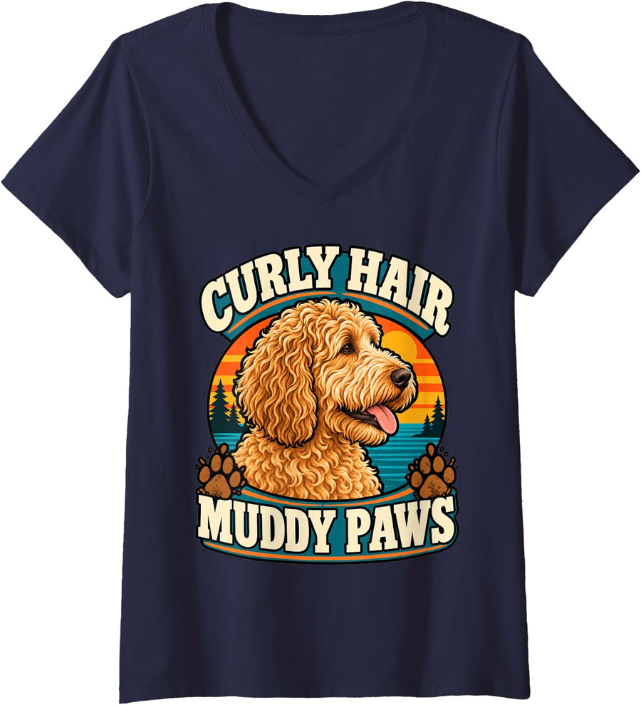Women's Goldendoodle Curly Hair Muddy Paws Dog Dad Funny Pup V-Neck T-Shirt - Navy Blue