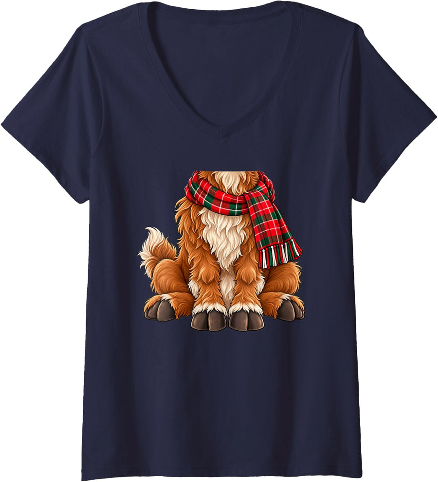 Women's Highland Cow Kids Men Women Brown Deer Costume Christmas V-Neck T-Shirt - Navy Blue