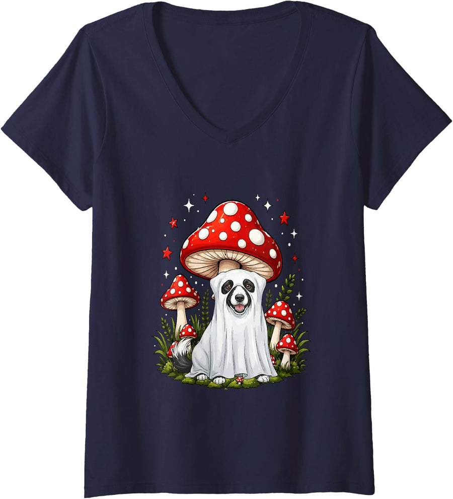 Women's Border Collie Cosplay Boo Halloween Carved Pumpkins Owner V-Neck T-Shirt - Navy Blue