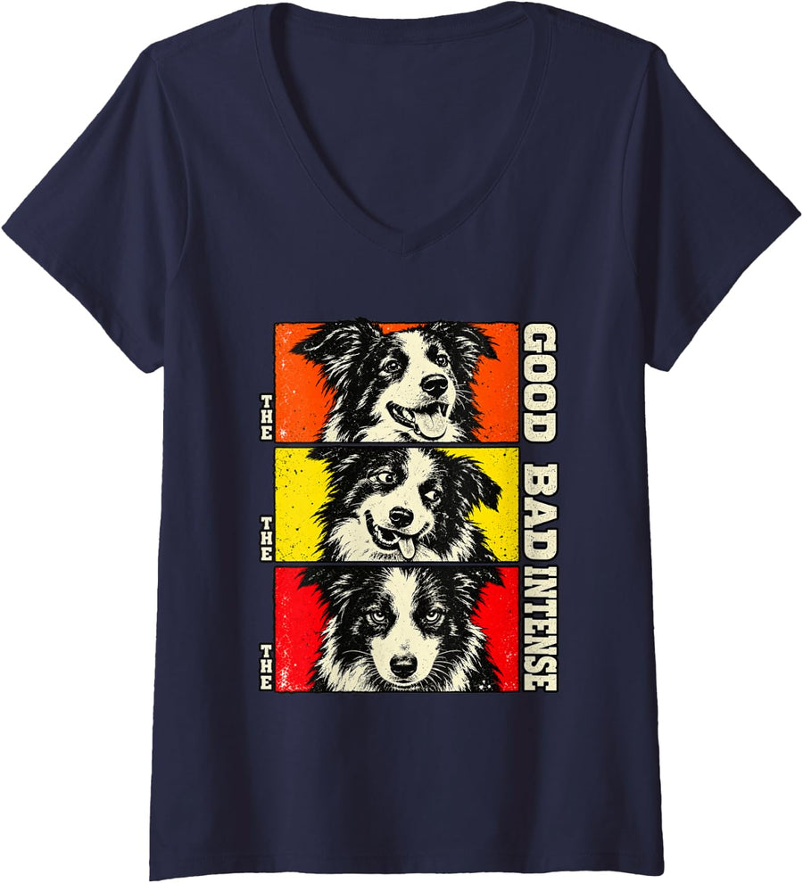 Women's Border Collie - The Good, The Bad, The Intense V-Neck T-Shirt - Navy Blue