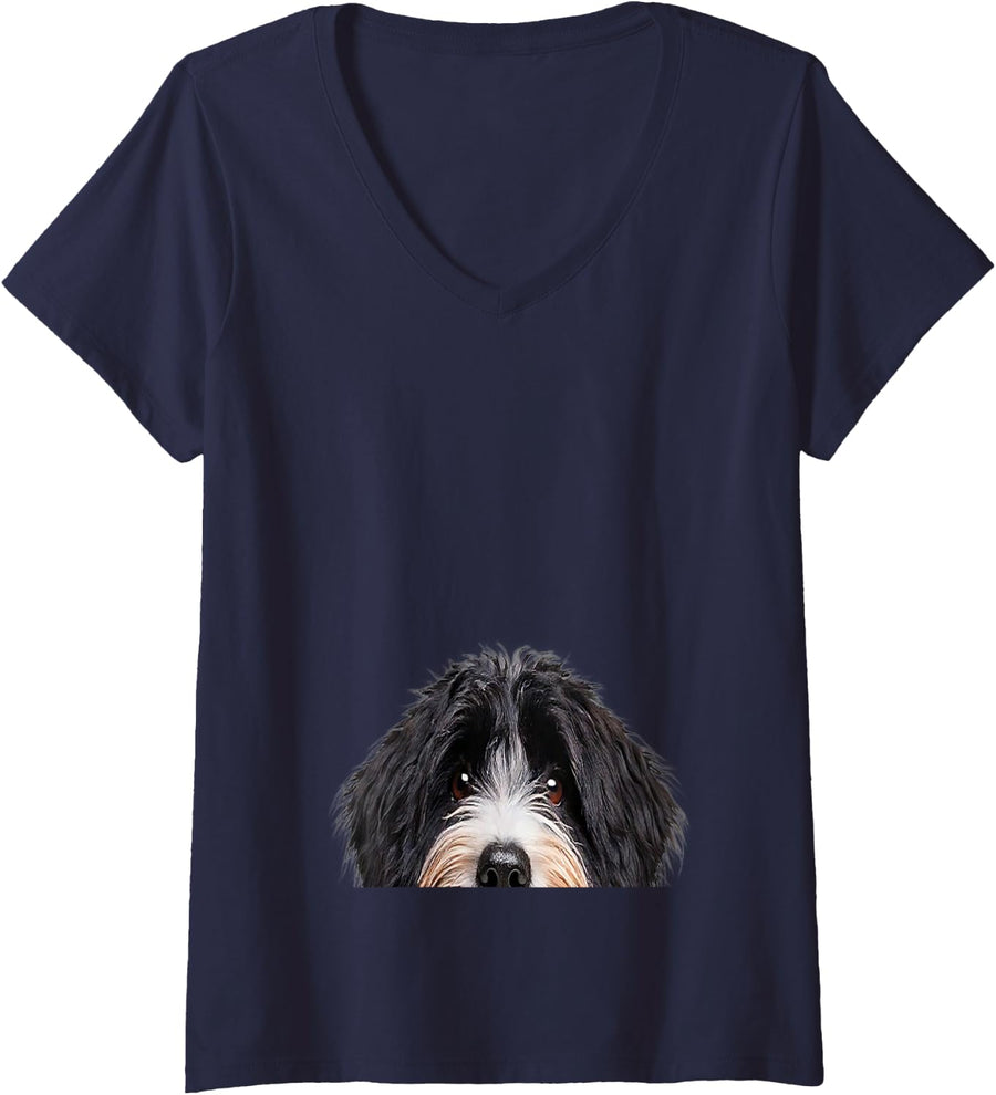Women's Funny Bernedoodle Peeking Dog Mom Dad Owner V-Neck T-Shirt - Navy Blue