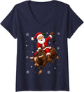 Women's Rodeo Santa Bull Riding Christmas V-Neck T-Shirt - Navy Blue