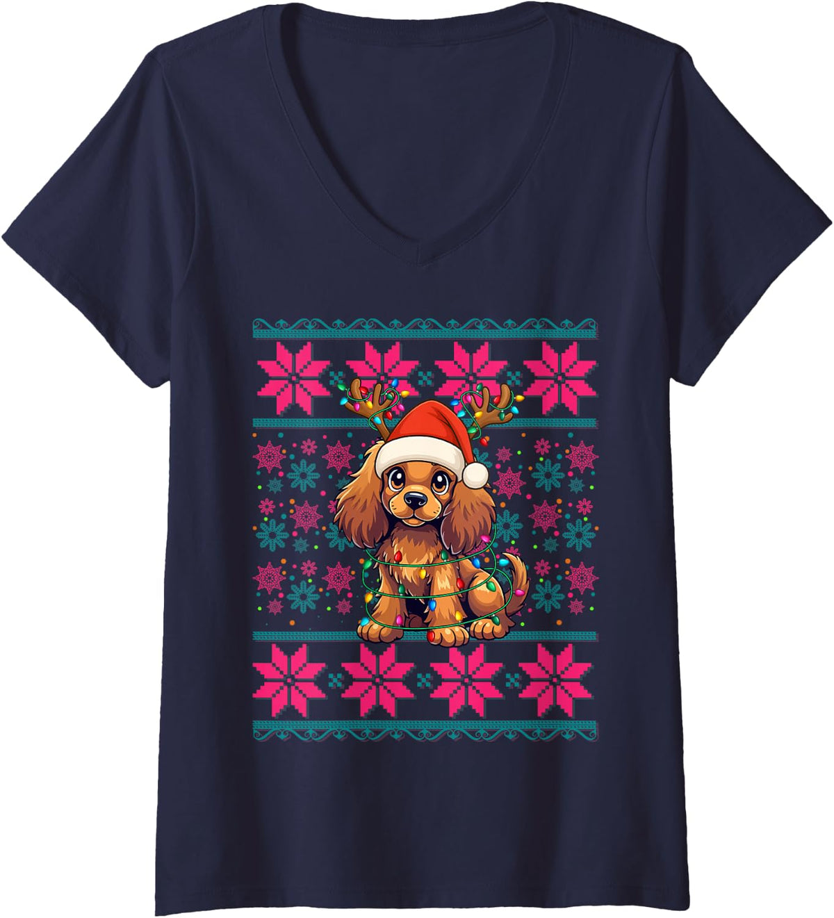 Women's Reindeer Santa Ugly Christmas American Cocker Spaniel Dog V-Neck T-Shirt - Navy Blue