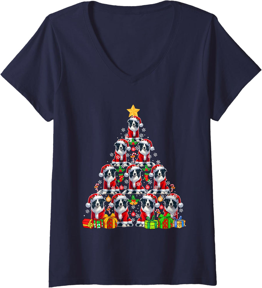 Women's Group Santa Border Collies As Christmas Tree Xmas Box V-Neck T-Shirt - Navy Blue