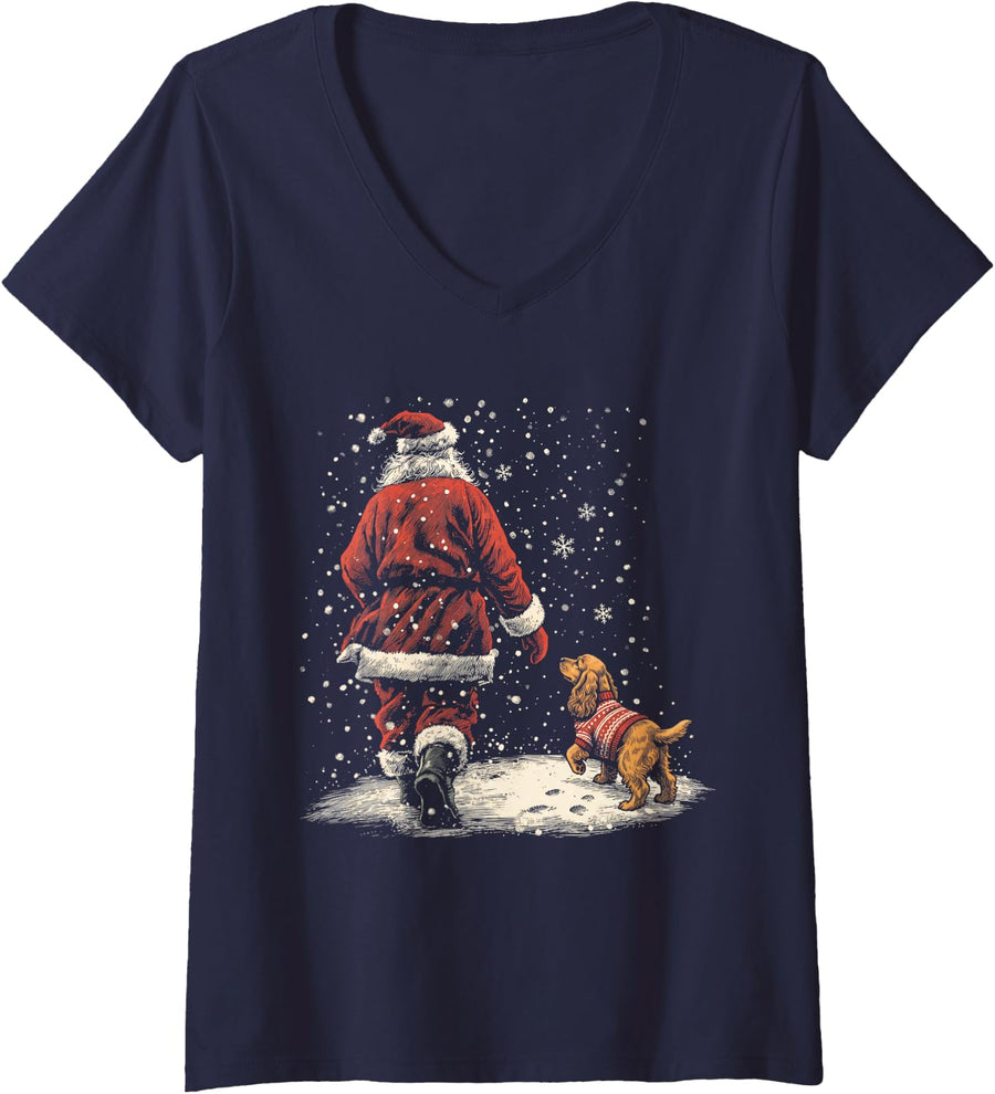 Women's Santa Claus and Cocker Spaniel Walking in Snow Christmas V-Neck T-Shirt - Navy Blue