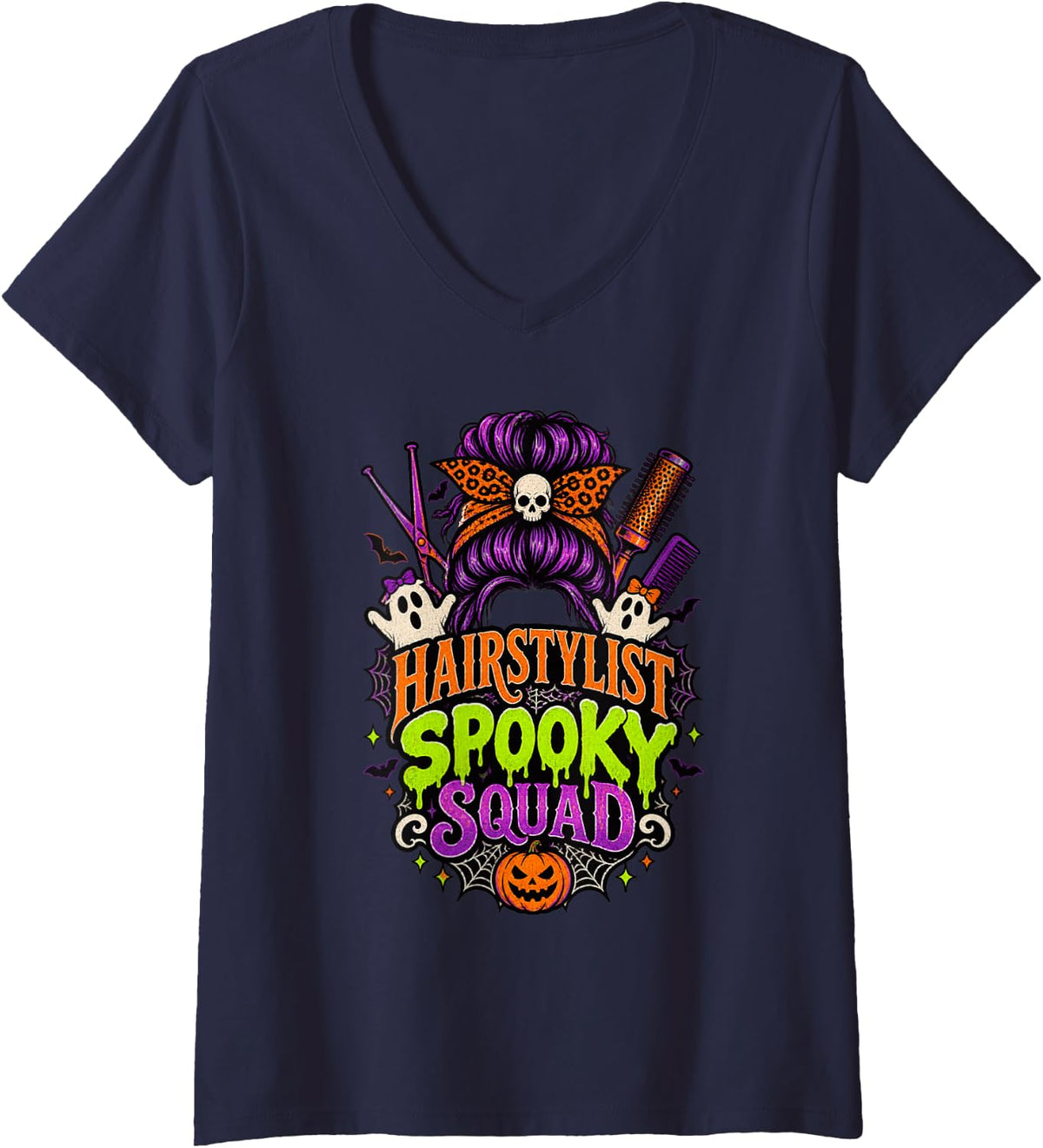 Women's Hairstylist Spooky Squad Halloween Messy Bun Stylist V-Neck T-Shirt - Navy Blue