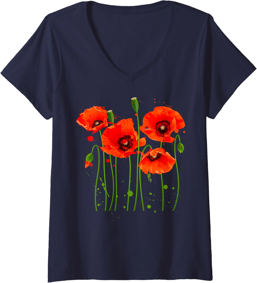 Womens Watercolor Red Poppy Flower Gardening Plants Lover Gift V-Neck T-Shirt Small - Navy Blue