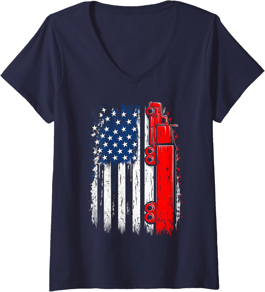 Women's American Flag Semi Truck Driver Patriotic Trucker V-Neck T-Shirt - Navy Blue